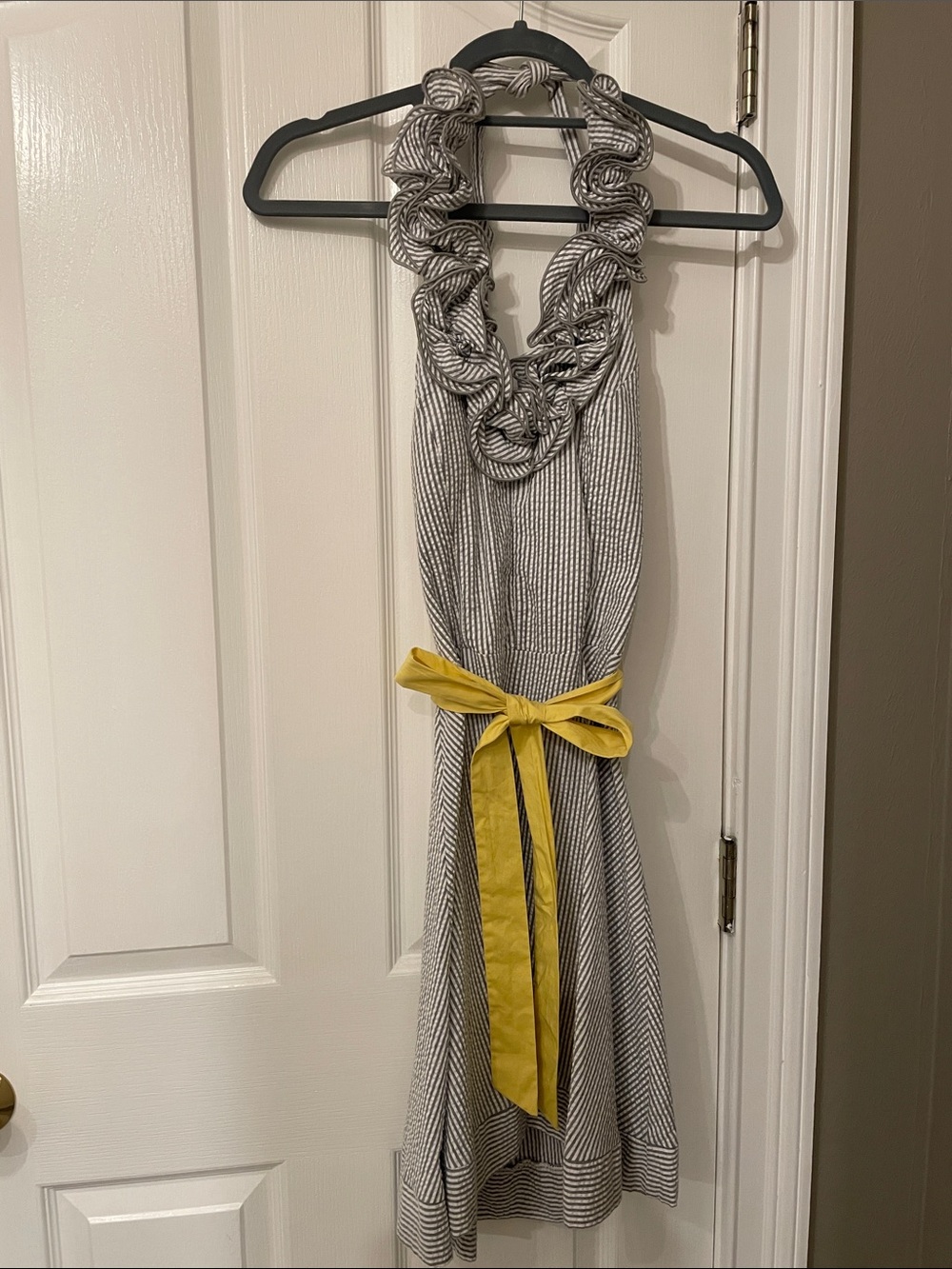 Ruby Rox Striped Halter Backless Dress with Yellow Sash